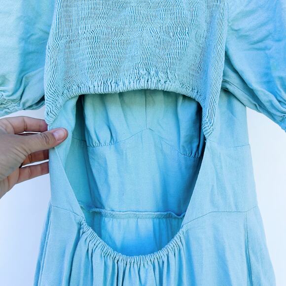 Farm Rio Puff Sleeve Maxi Dress Backless Cut Out Blue Prairie Large - Picture 10 of 10